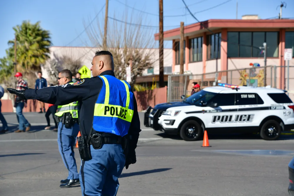 El Paso police block roads and direct traffic prior to President Trump's arrival. El Paso, Texas 11 February 2019