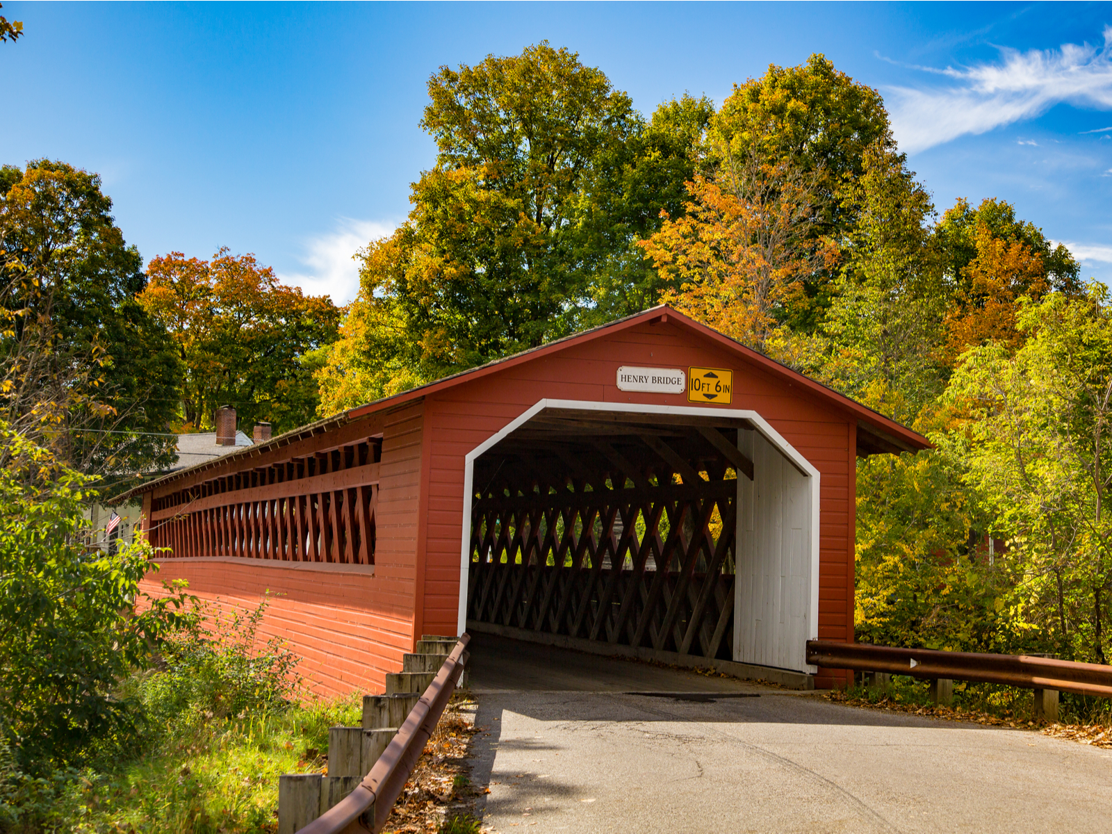 Neat view of The Henry covered bridge over the Walloomsac river near Bennington, Vermont