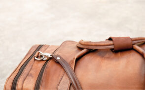 Close up of the best men's leather weekender bag