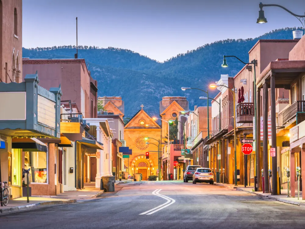 Santa Fe pictured during the least busy time to visit New Mexico with empty streets at dusk