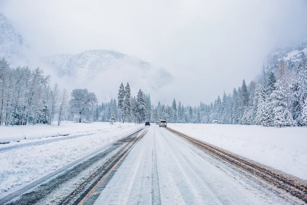Snowy roads pictured during the Worst Time to Visit Sequoia National Park