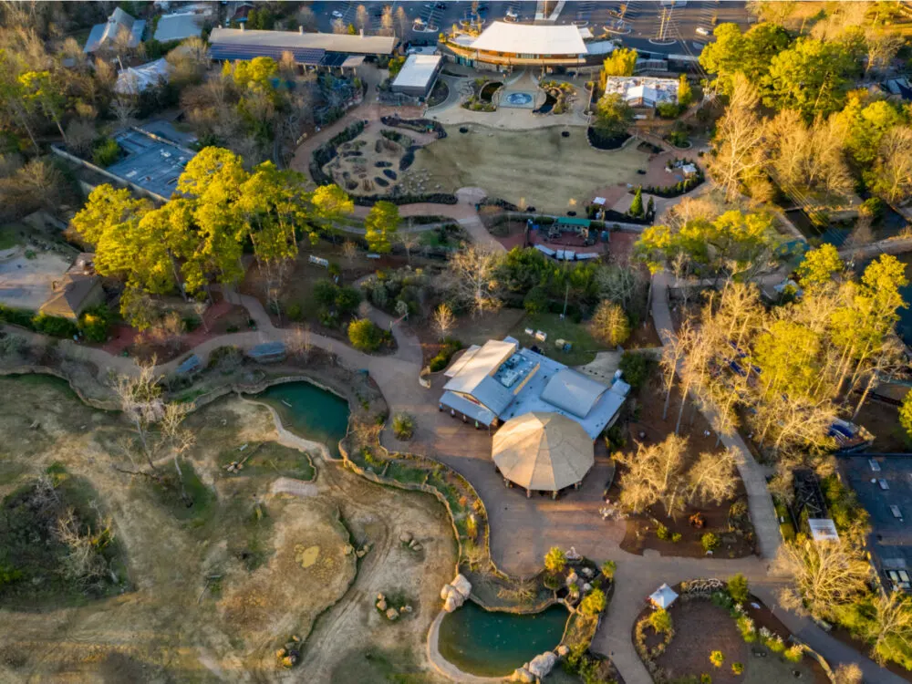For a piece answer the question, "Is Birmingham Alabama Safe," an aerial image of the Birmingham Zoo seen in the fall