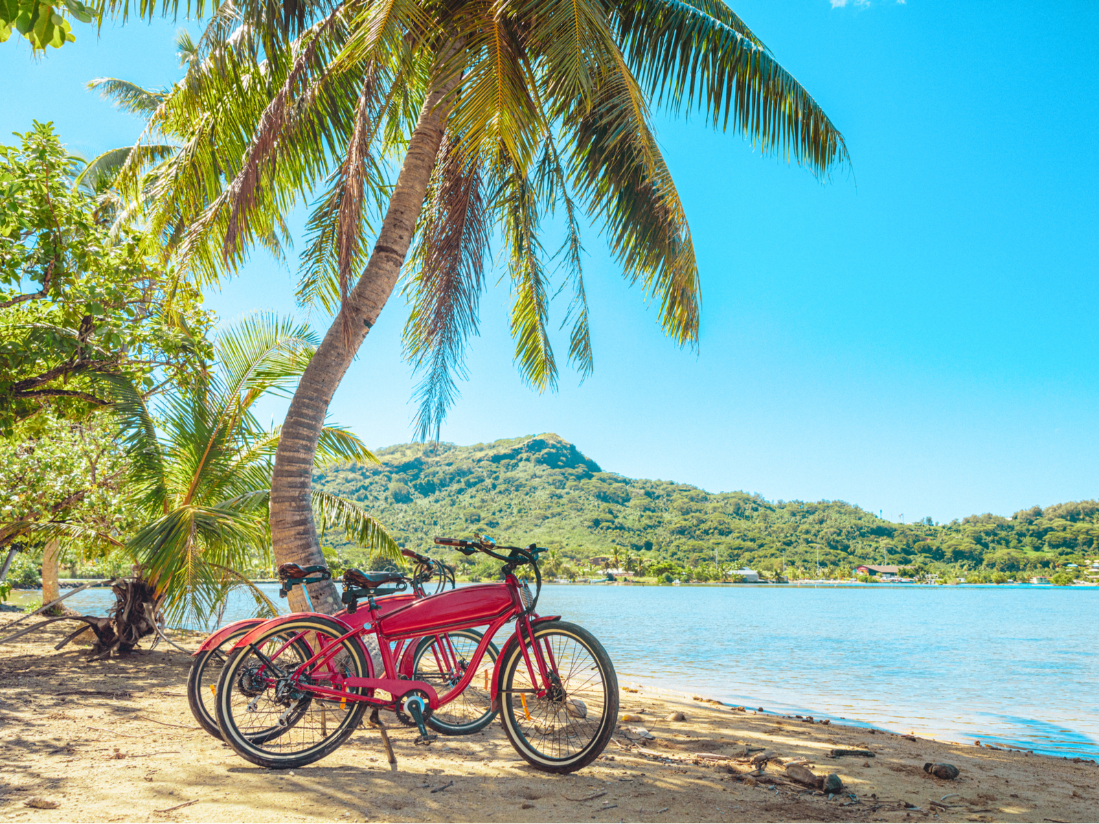 Red bikes on a beach against palm trees for a piece on the least busy time to visit Tahiti