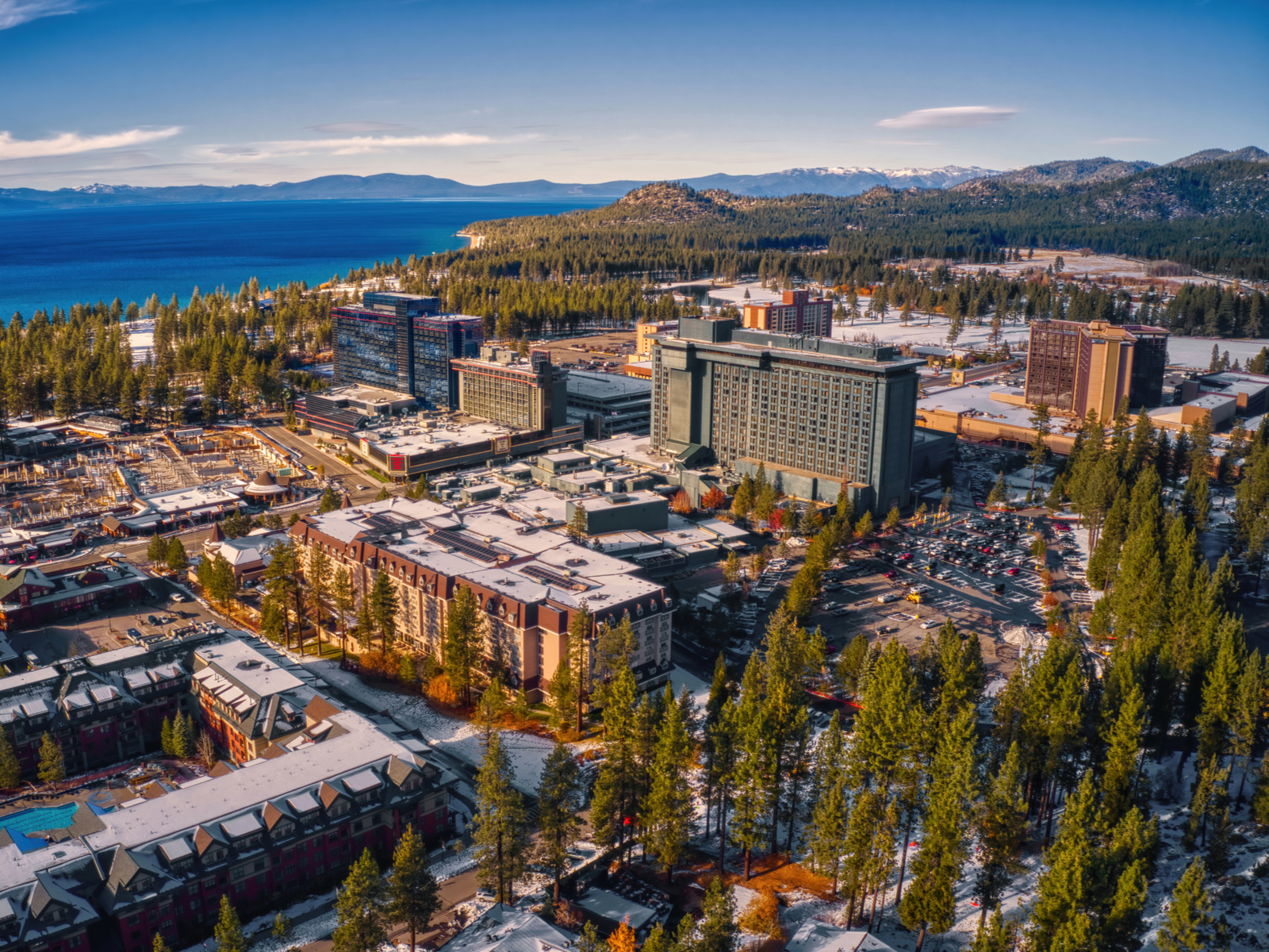 Aerial photo of Stateline Nevada during the winter for a piece on where to stay in Lake Tahoe