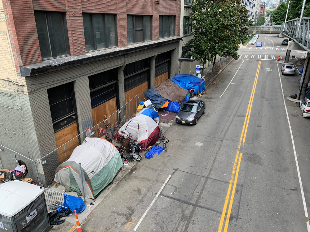 Homeless camp in Seattle for a piece titled Is Seattle Safe