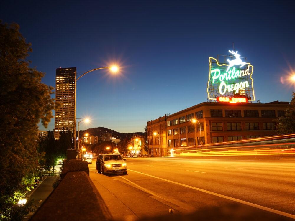 Downtown Portland at night during the cheapest time to visit the city