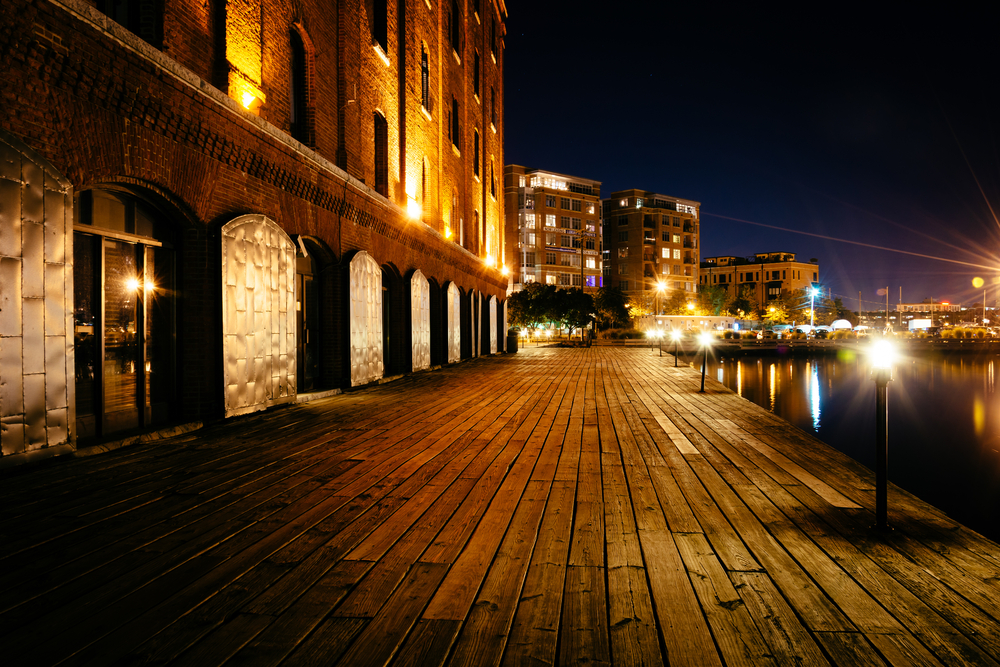 Night shot of Henderson's Wharf on the waterfront