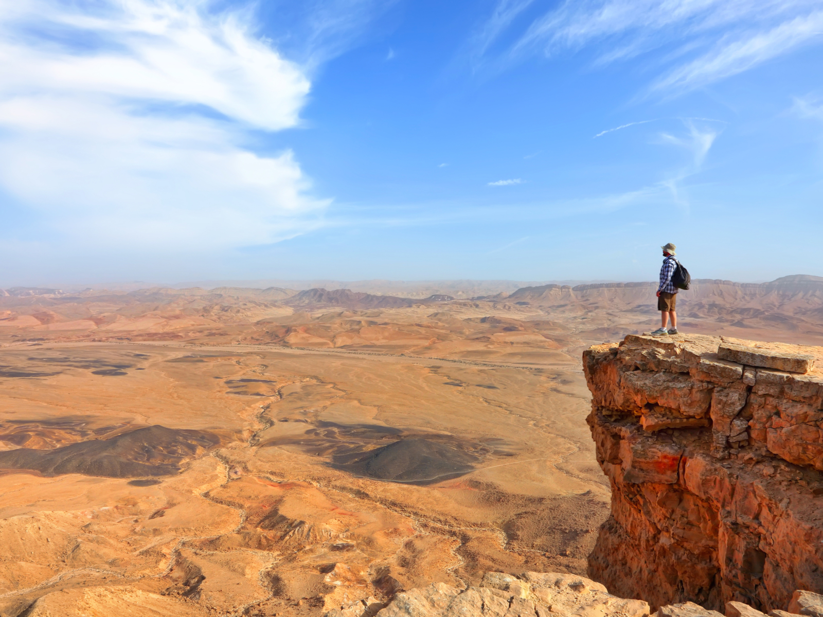 Lone hiker standing on the edge of a mountain in the Negev desert during the best time to visit Israel