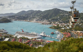 Saint Thomas port pictured from the aerial tramway for a piece titled Is St. Thomas Safe to Visit