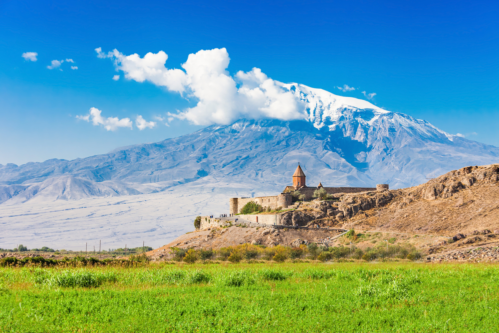 View of Mount Ararat in the background with Kohr Viran in the foreground on a clear day