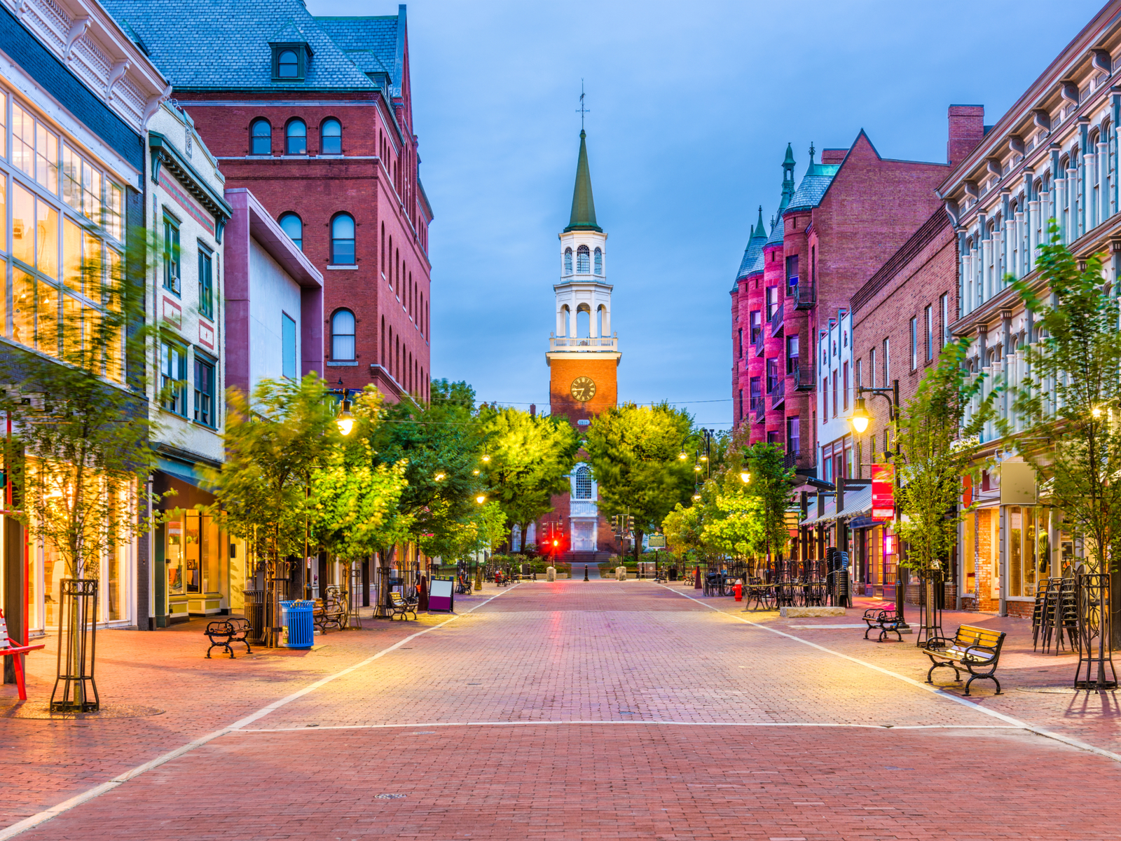Church Street Marketplace in Spring pictured during the best time to visit Vermont