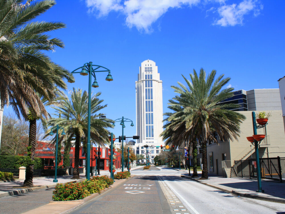 Downtown as pictured from the street during the least busy time to visit Orlando
