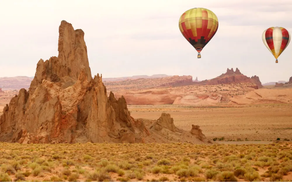 Hot air balloon flying over the New Mexico desert