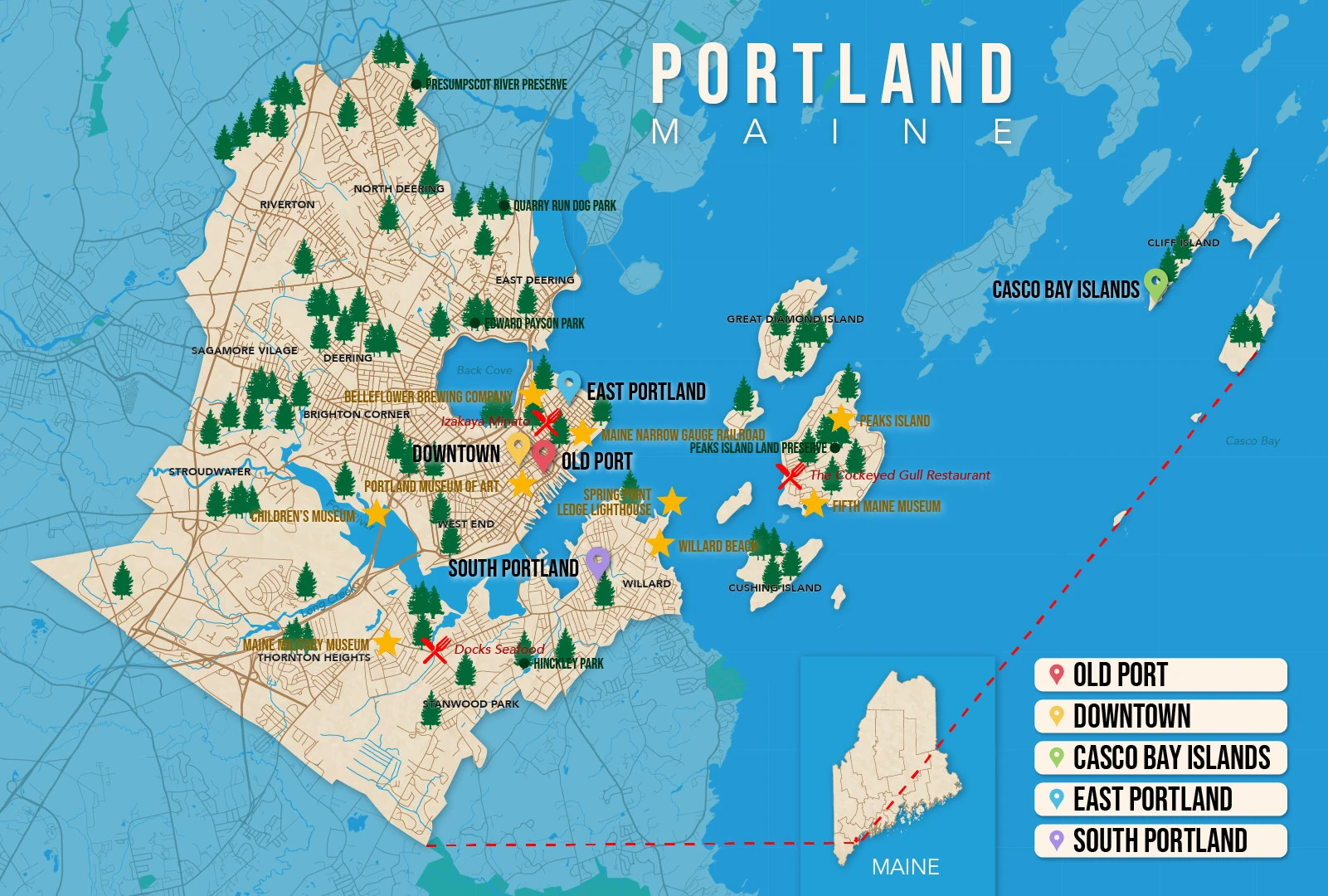 Where to Stay in Portland map in vector format featuring the best areas of town