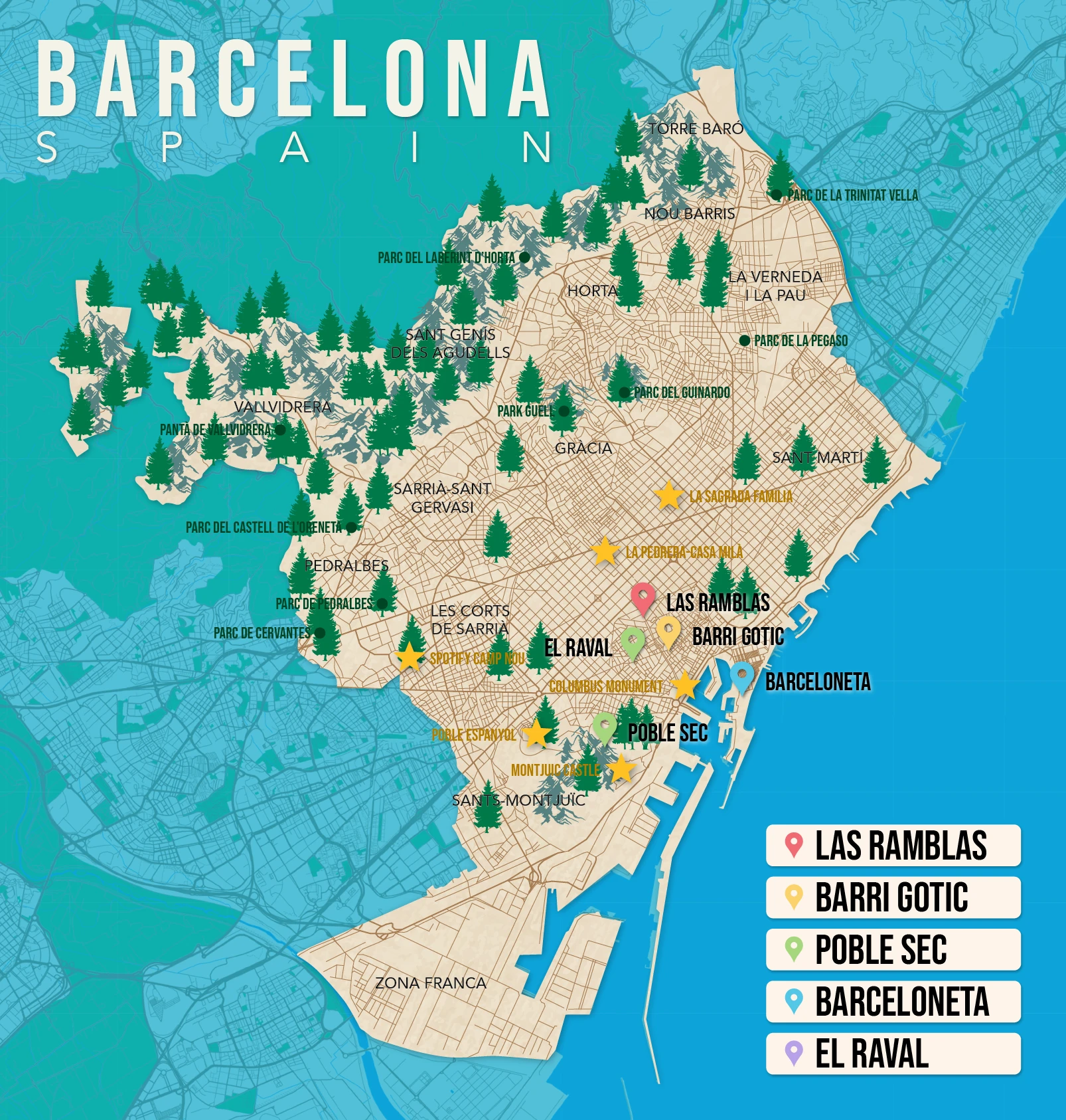 Where to Stay in Barcelona map in vector format featuring the best areas of town