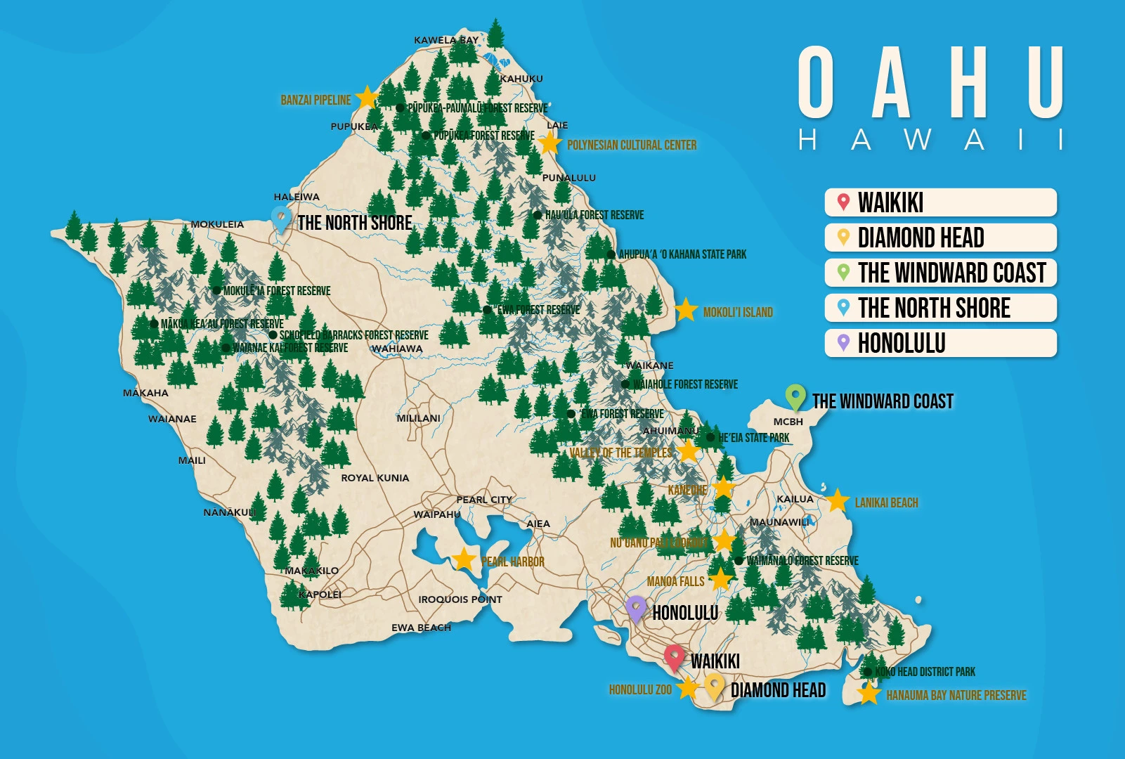 Where to Stay in Oahu map in vector format featuring the best areas of town