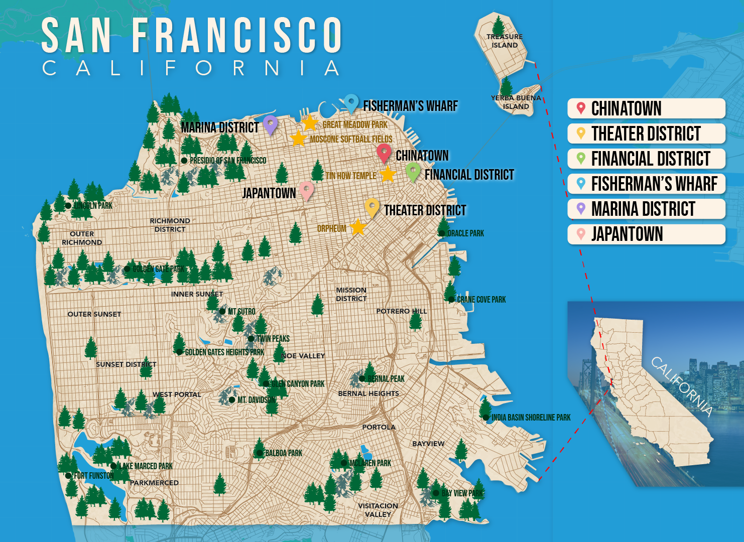Where to Stay in San Francisco map in vector format featuring the best areas of town