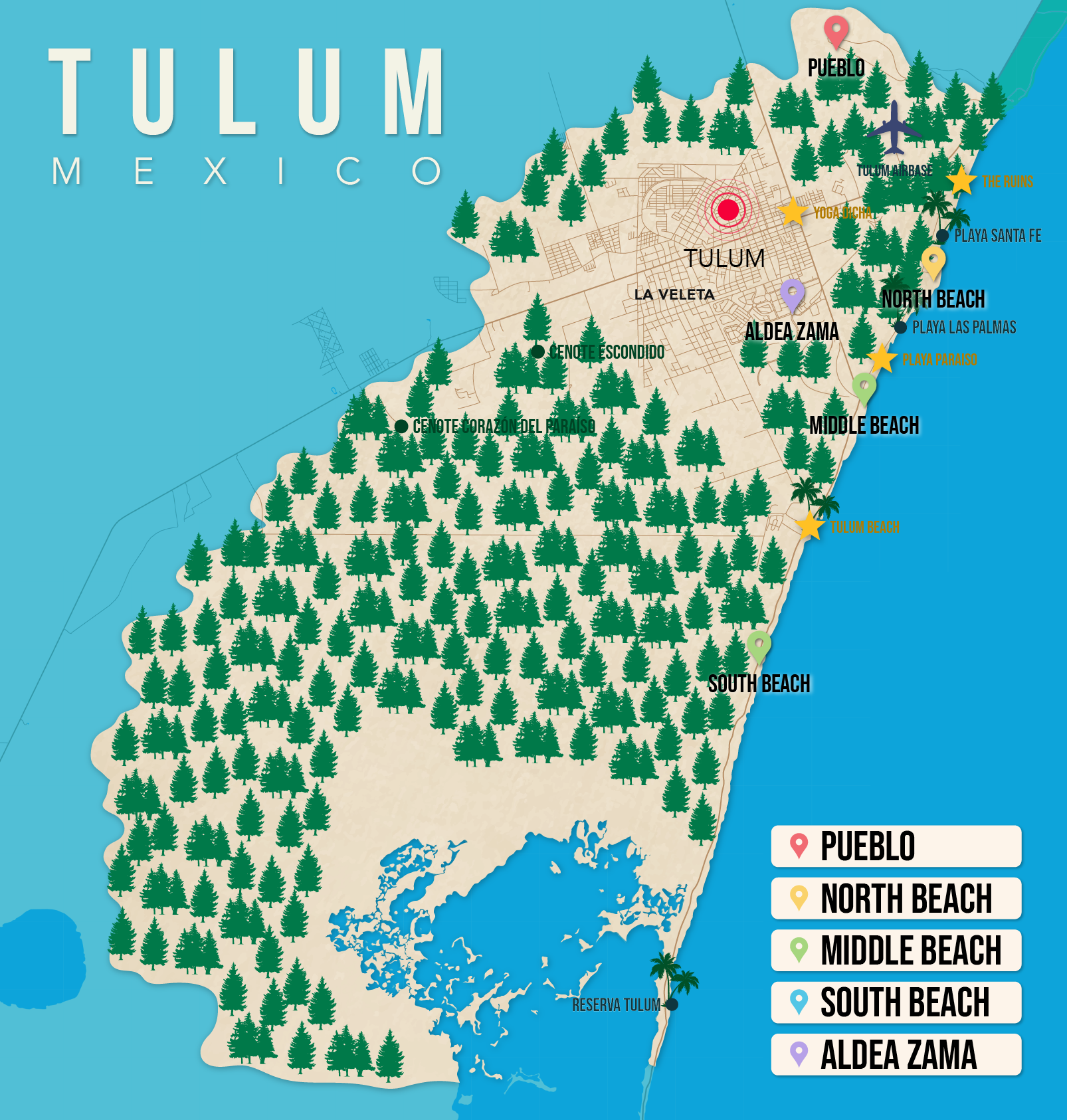 Where to Stay in Tulum map in vector format featuring the best areas of town