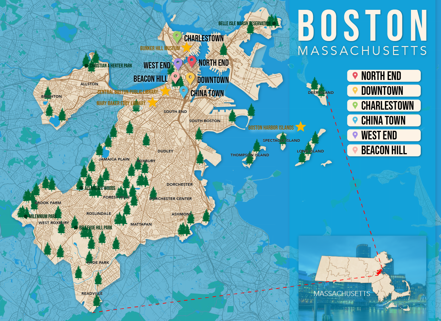 Where to Stay in Boston map in vector format featuring the best areas of town