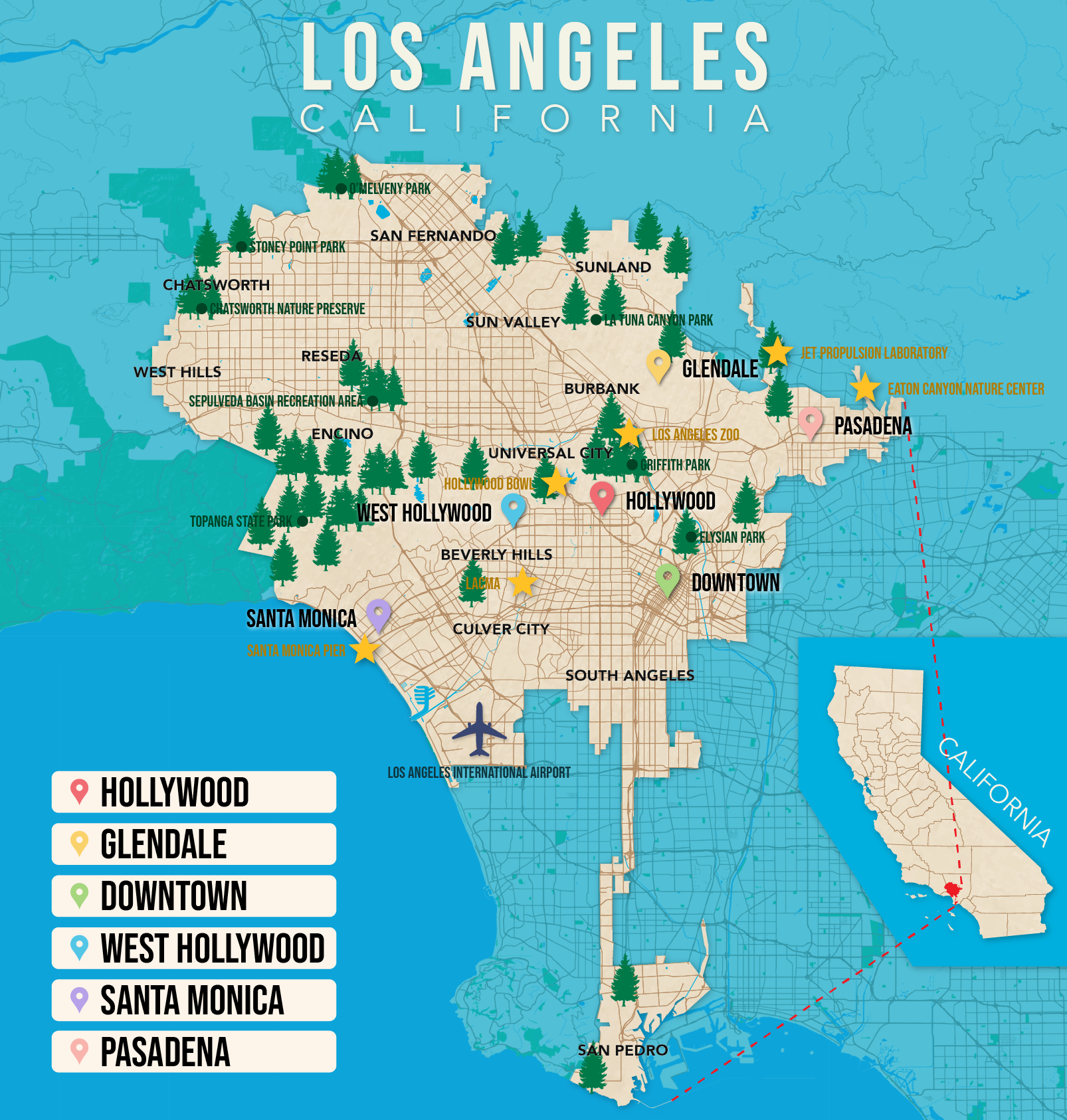 Where to Stay in Los Angeles map in vector format featuring the best areas of town