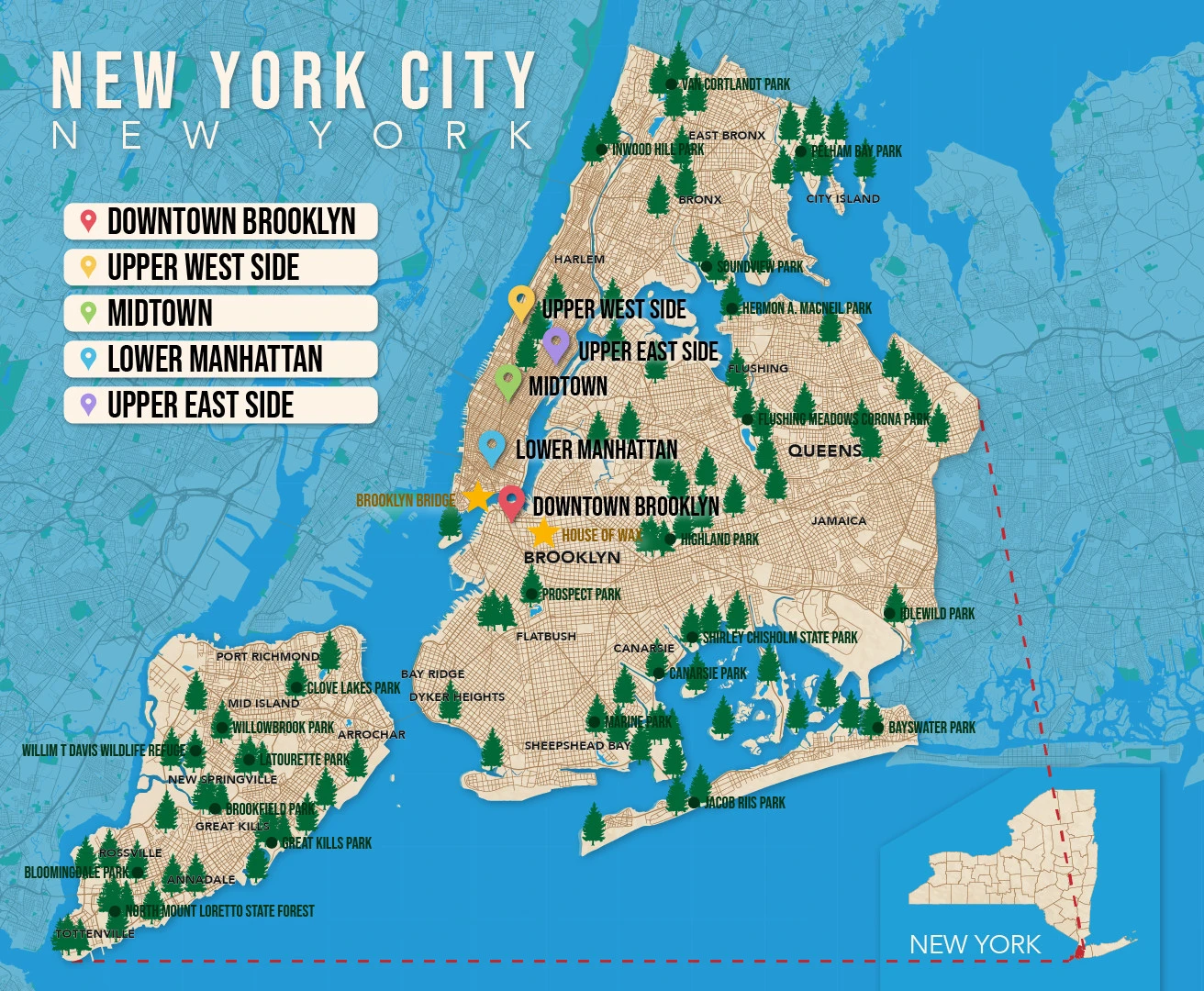 Where to Stay in New York City map in vector format featuring the best areas of town