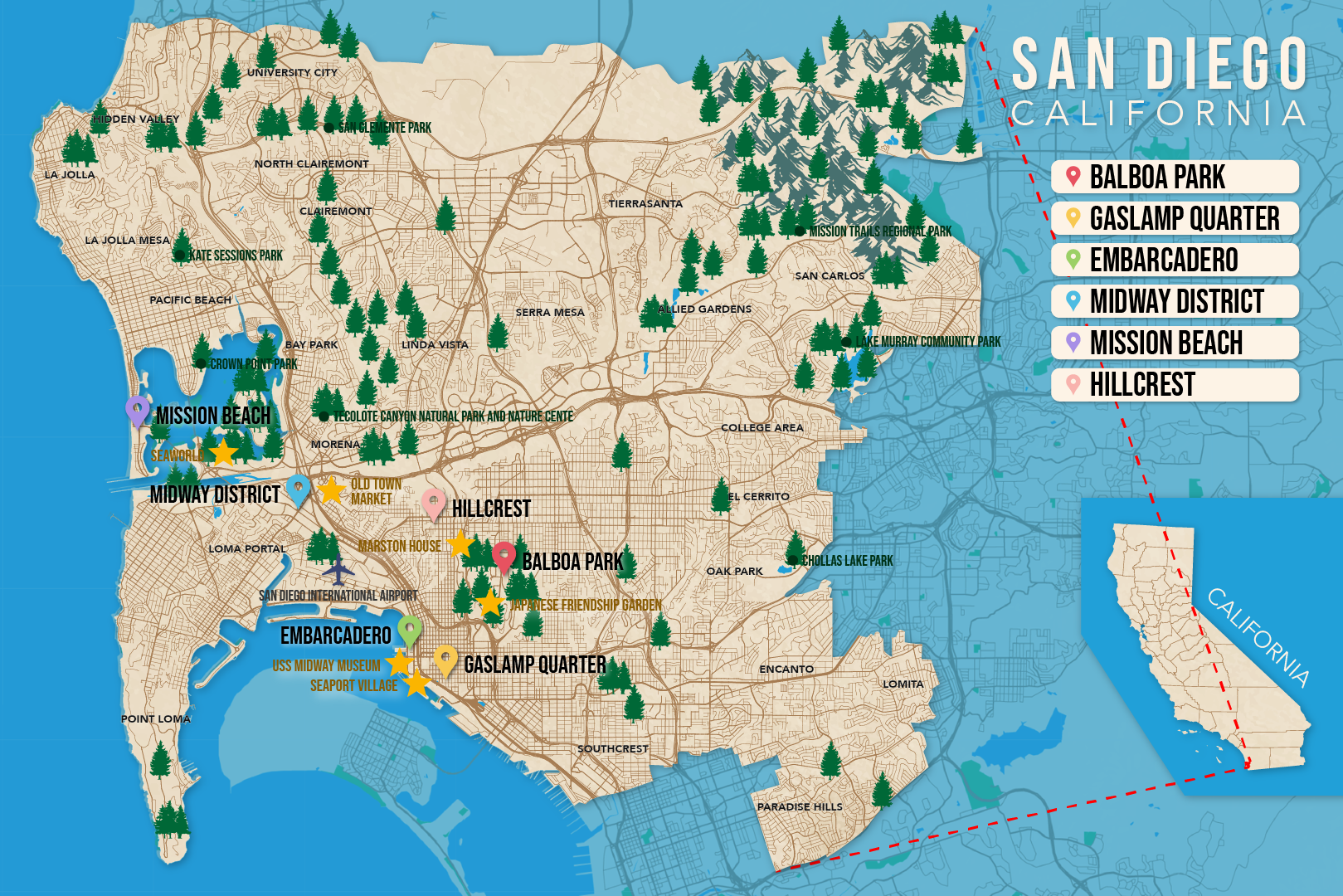 Where to Stay in San Diego map in vector format featuring the best areas of town