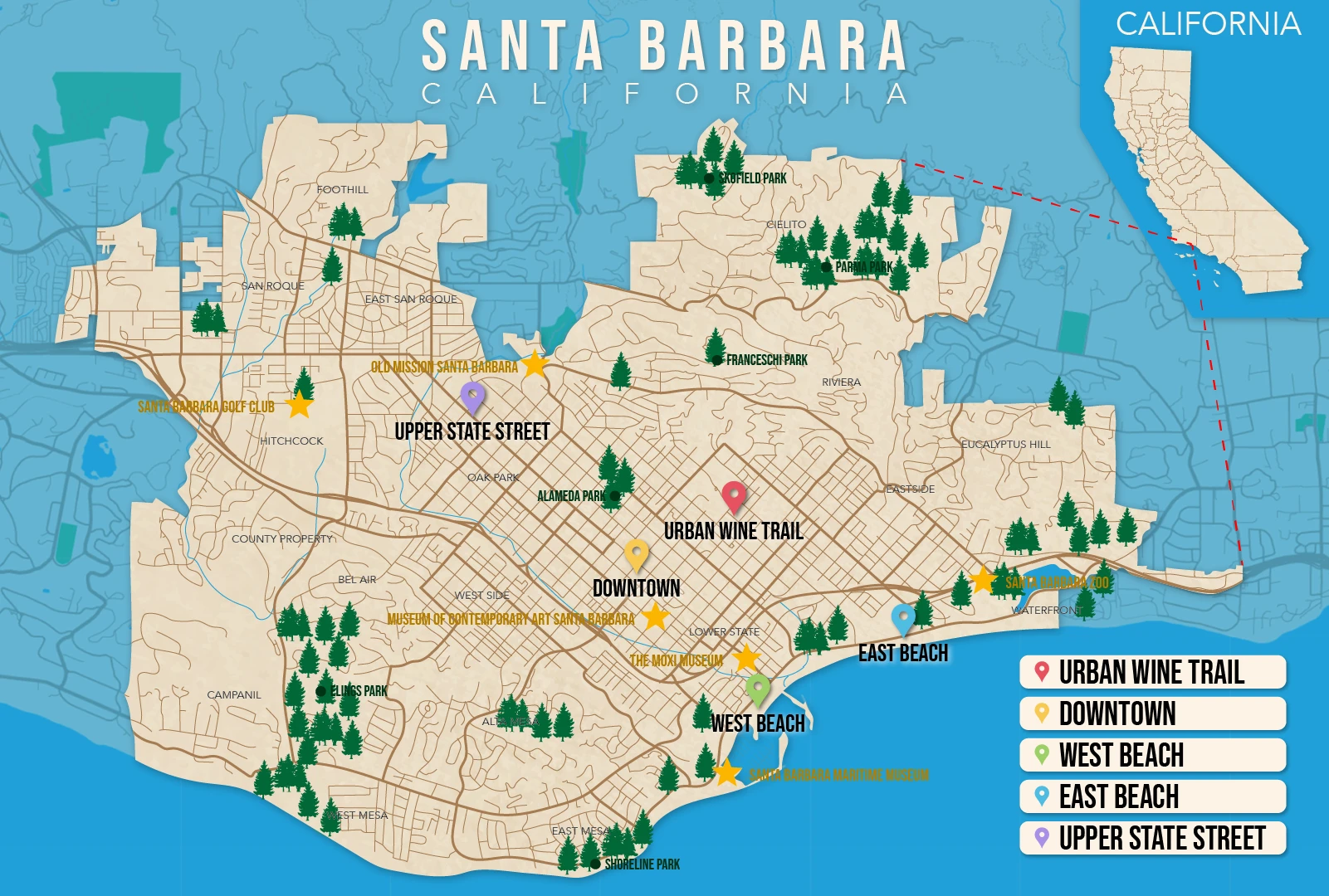 Where to Stay in Santa Barbara map in vector format featuring the best areas of town