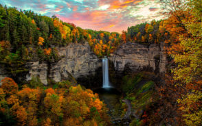 Ithaca Taughannock Falls at sunset for a piece on where to stay in Finger Lakes