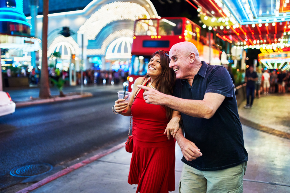 Older couple sightseeing in Vegas for a piece on whether or not the city is safe