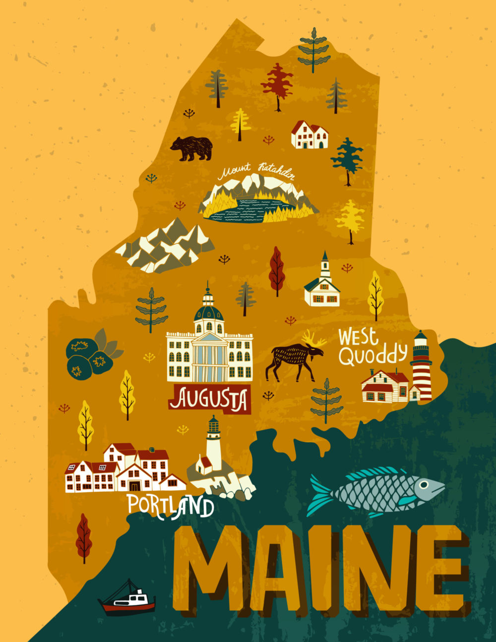 Illustrated vector map of Maine for a piece titled where to stay in Maine with a graphical depiction of the best areas