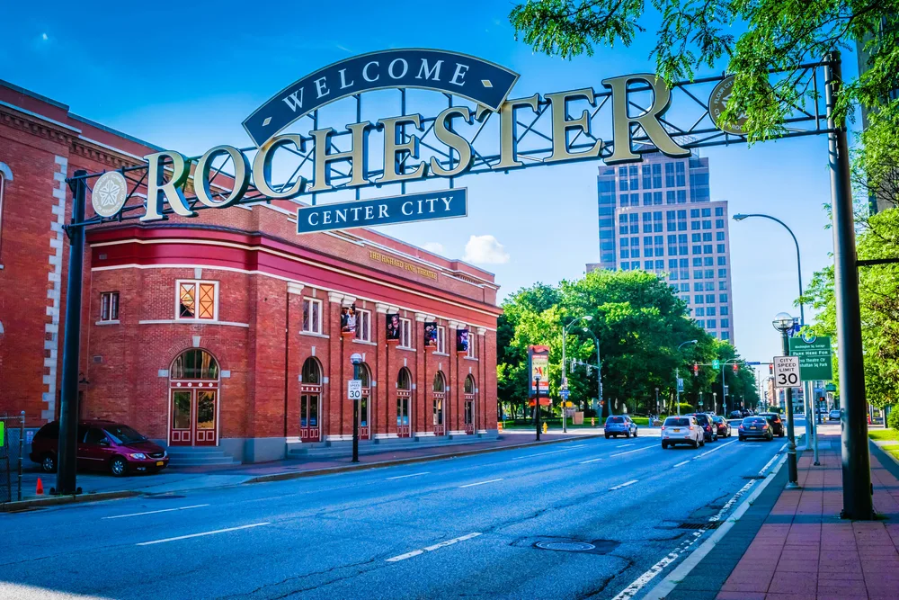 Rochester New York city center sign pictured for a guide to where to stay in the Finger Lakes