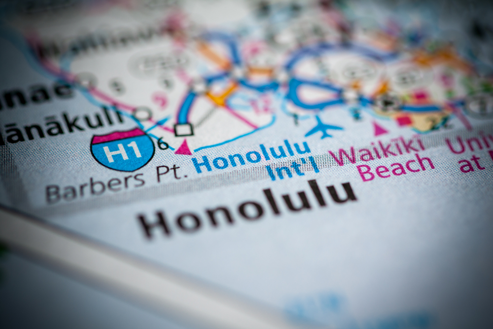 Close-up of a printed map showing where to stay in Honolulu 