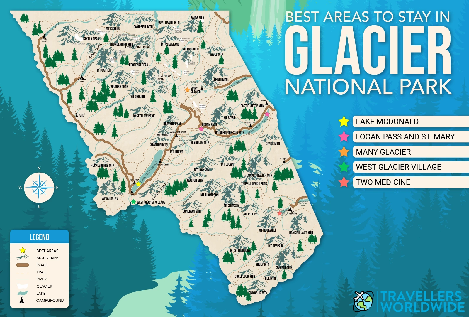 Where to stay in Glacier National Park pictured in a map with other attractions listed in vector format