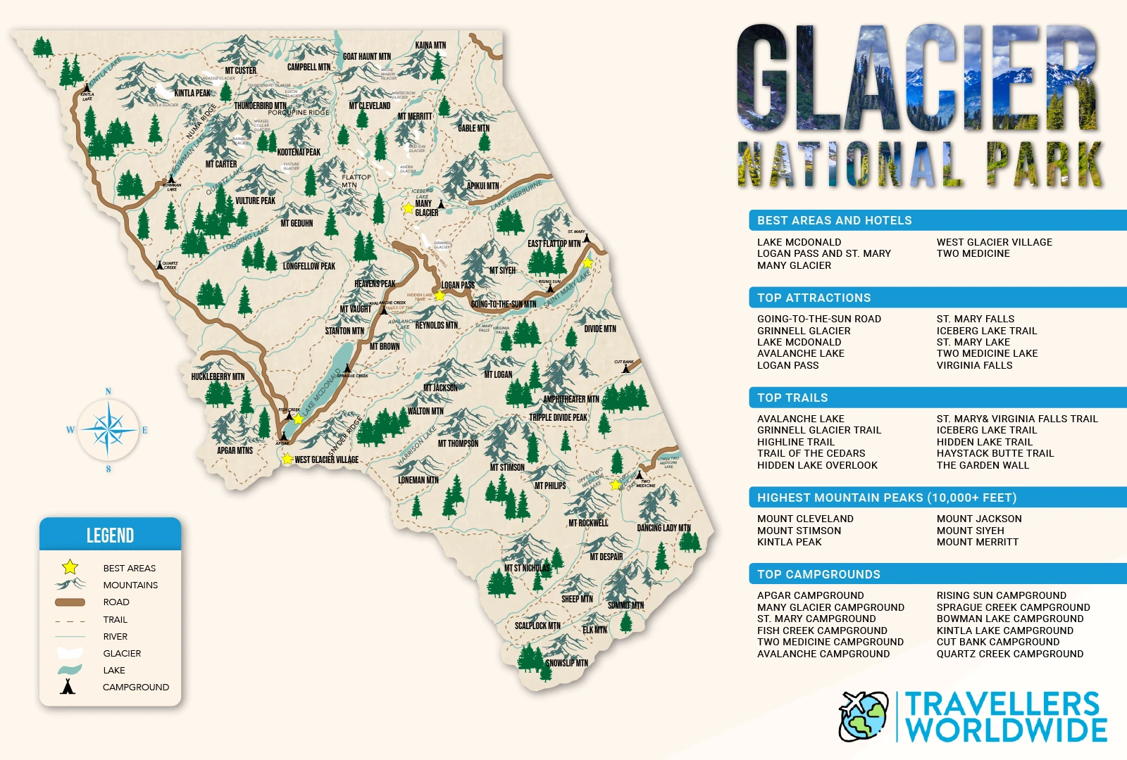 Map of the best attractions and the best areas to stay in Glacier National Park pictured in vector format