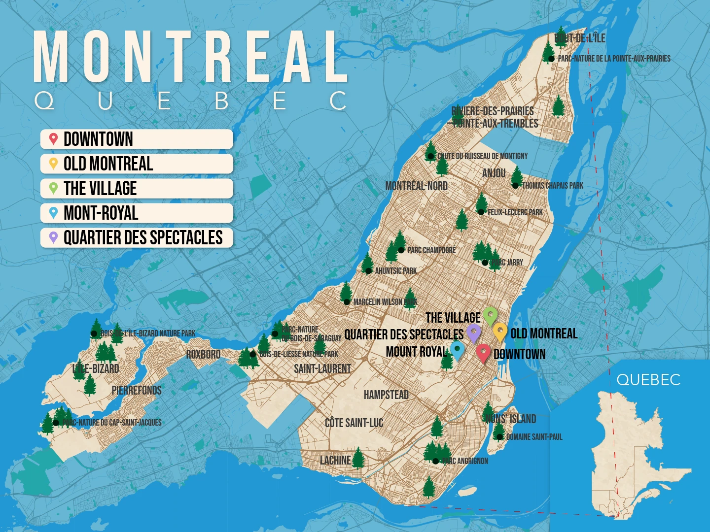 Where to Stay in Montreal map in vector format featuring the best areas of town