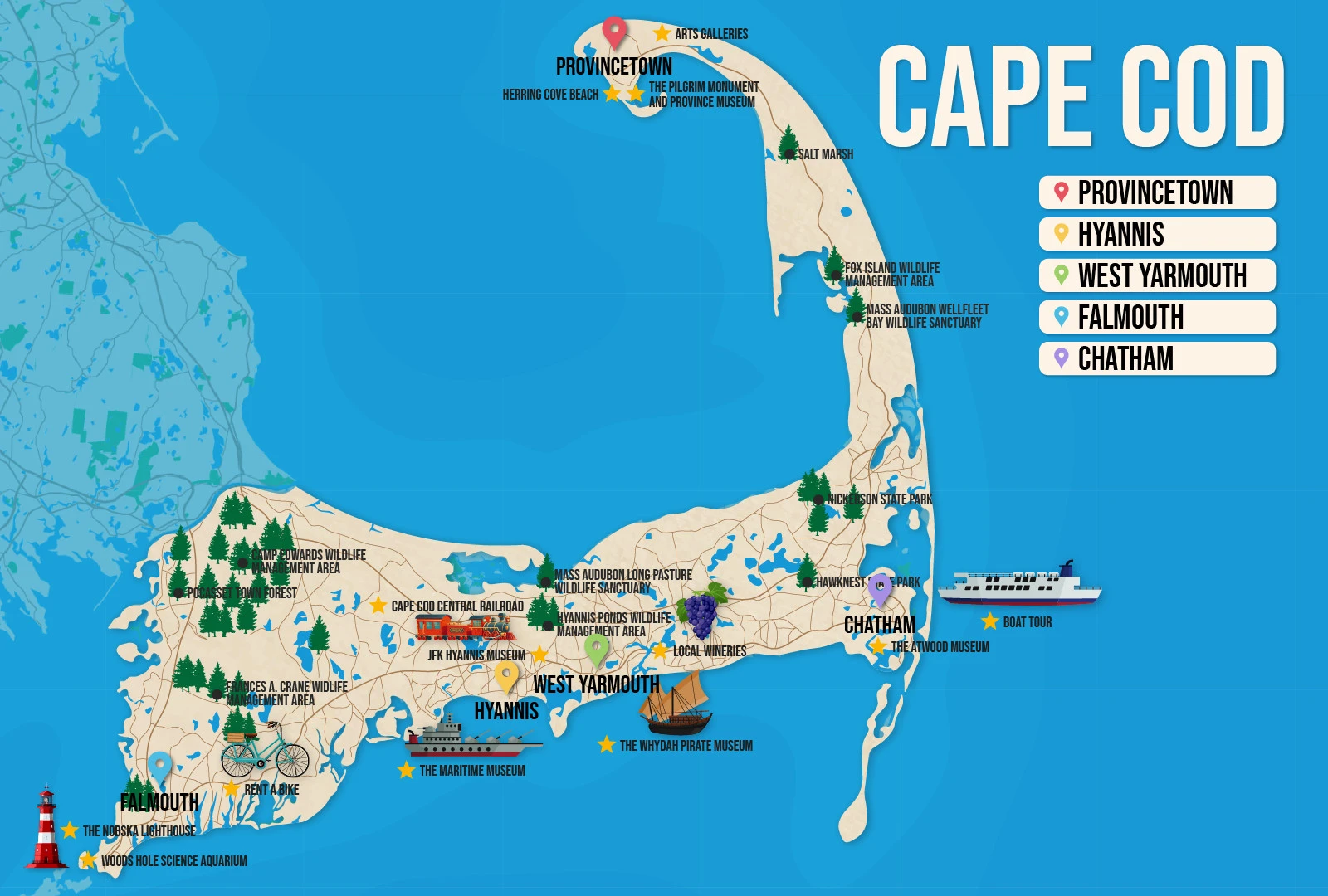 Vector map of Cape Cod pictured with several of the best places to stay and attractions to visit
