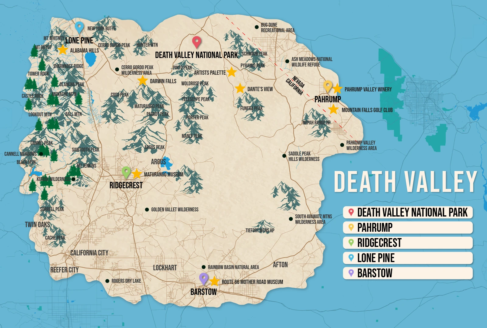 Where to Stay in Death Valley map in vector format featuring the best areas of town
