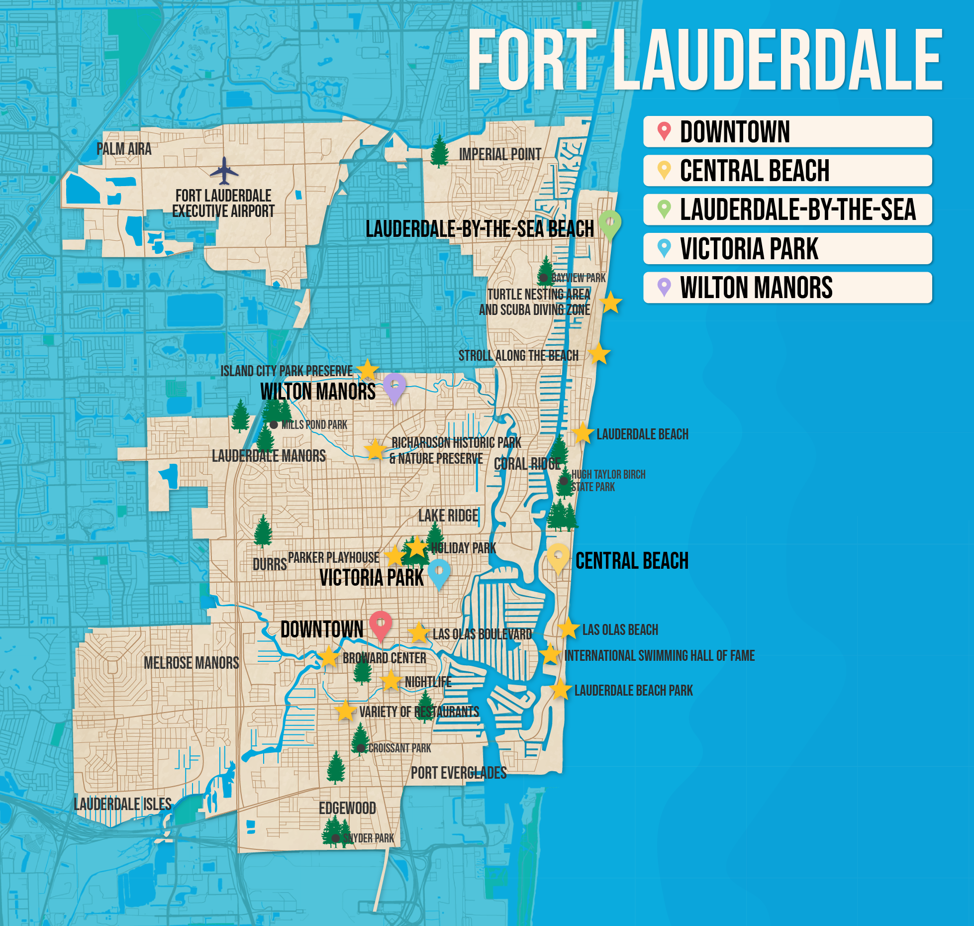 Vector map of Fort Lauderdale pictured with several of the best places to stay and attractions to visit