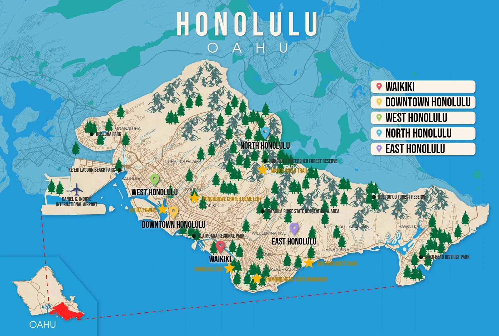 Where to Stay in Honolulu map in vector format featuring the best areas of town