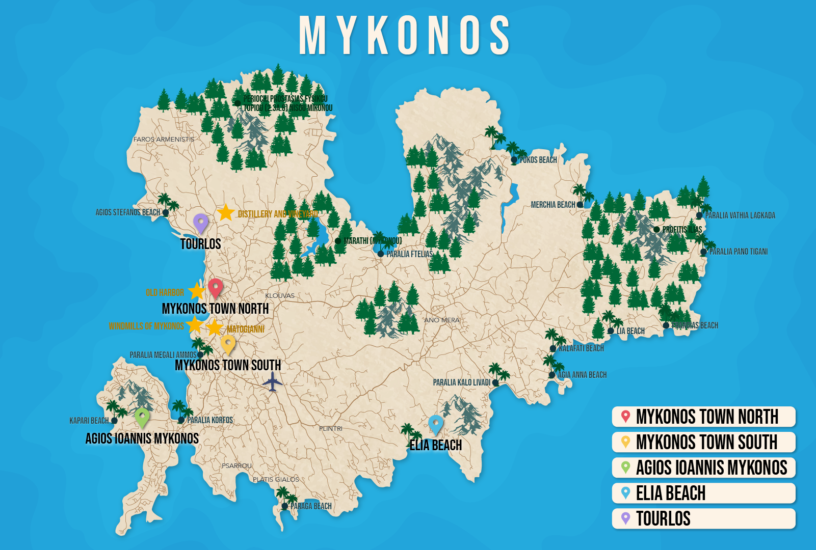 Where to Stay in Mykonos map in vector format featuring the best areas of town