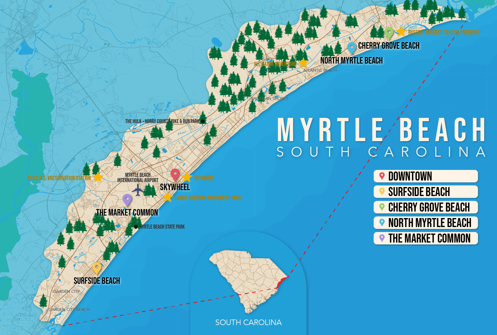 Where to Stay in Myrtle Beach map in vector format featuring the best areas of town