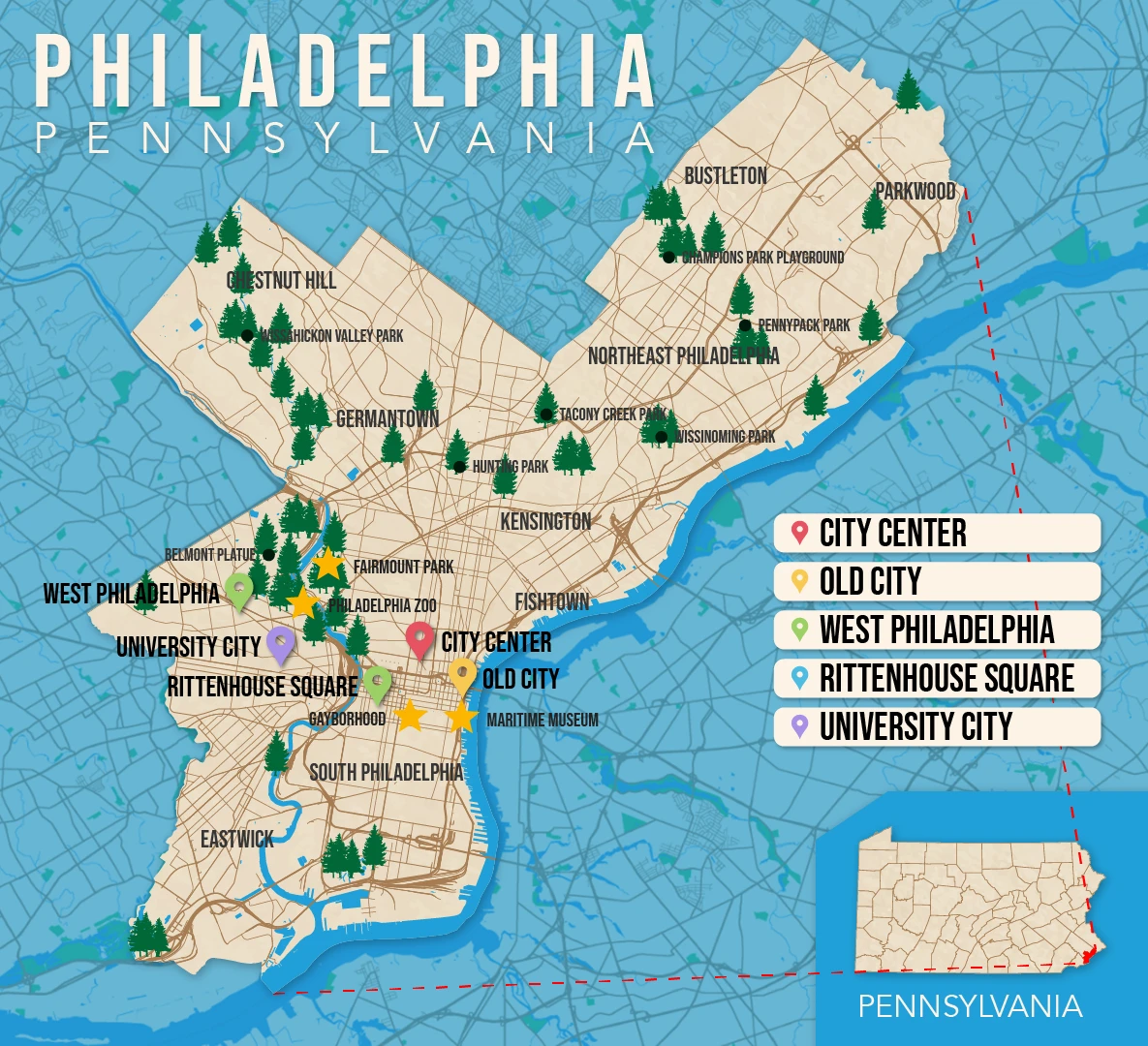 Where to Stay in Philadelphia map in vector format featuring the best areas of town