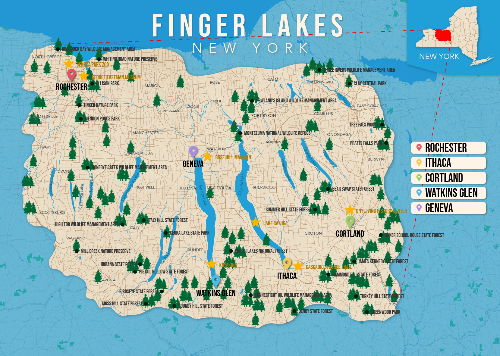 Where to Stay in the Finger Lakes map in vector format featuring the best areas of town