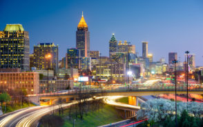Featured image of the downtown area pictured at dusk for a piece on the best time to visit atlanta