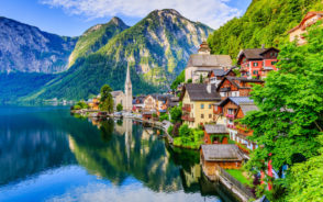 Gorgeous aerial shot of Hallstatt mountain in the Austrian Alps during the best time to visit Austria