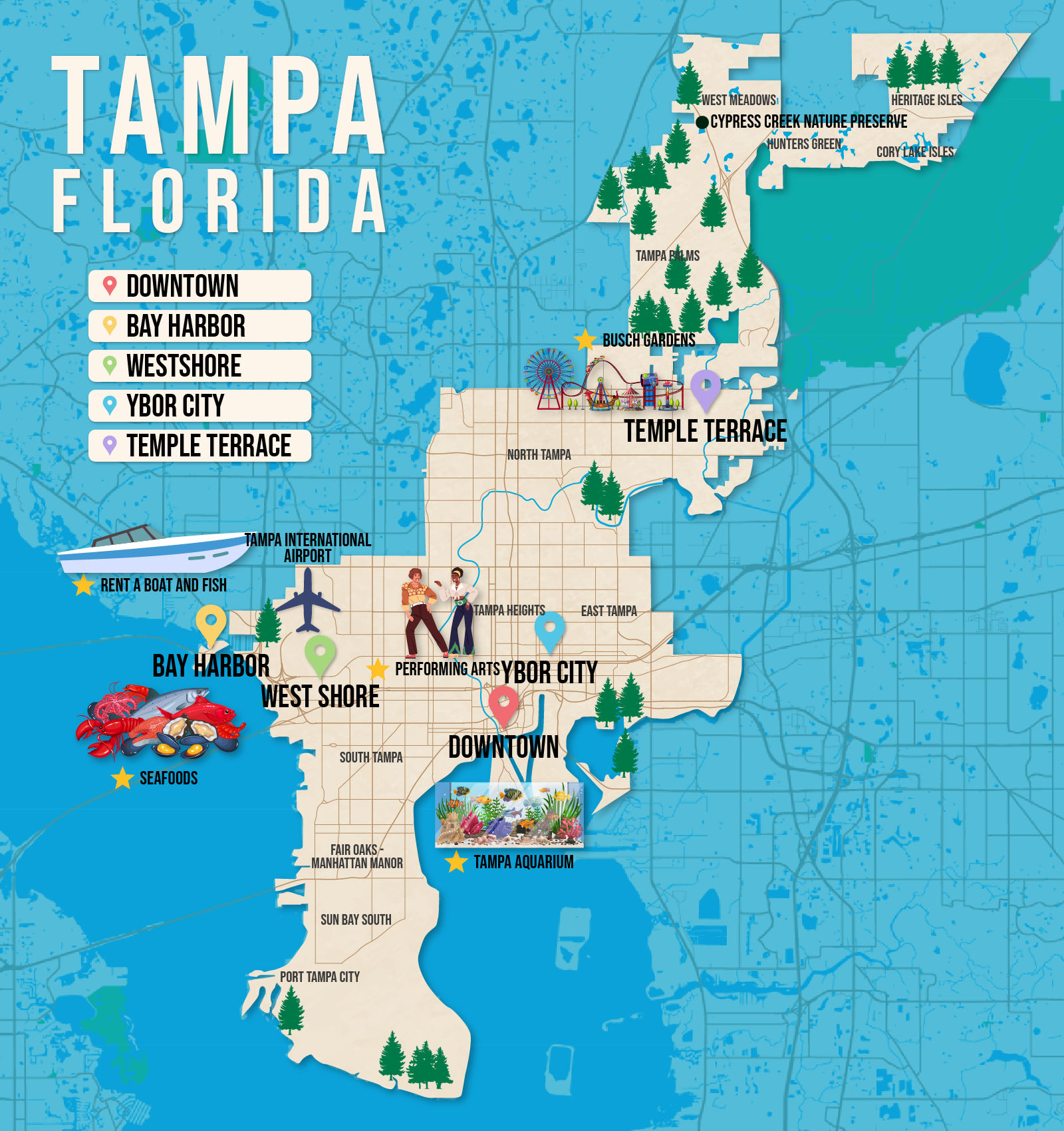 Vector map of Tampa pictured with several of the best places to stay and attractions to visit