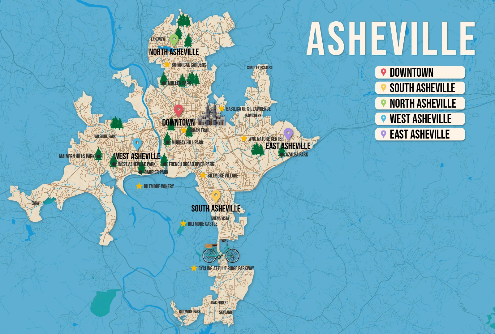 Vector map of Asheville pictured with several of the best places to stay and attractions to visit