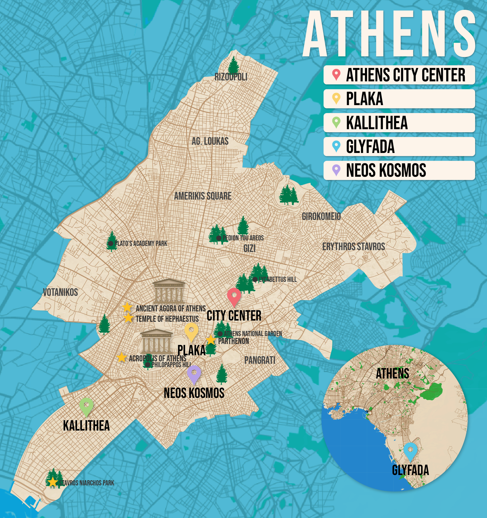 Vector map of Athens pictured with several of the best places to stay and attractions to visit