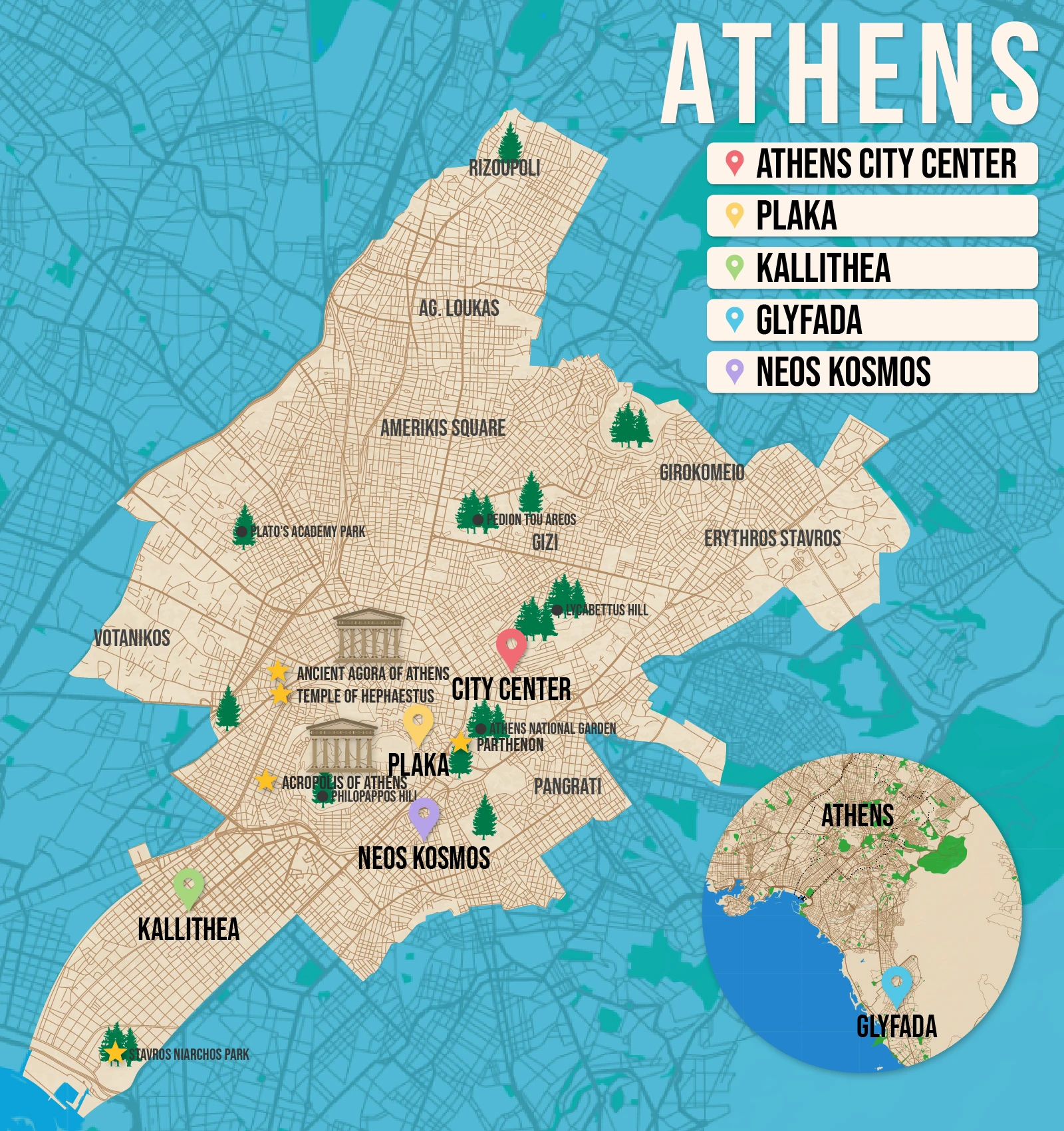 Vector map of Athens pictured with several of the best places to stay and attractions to visit