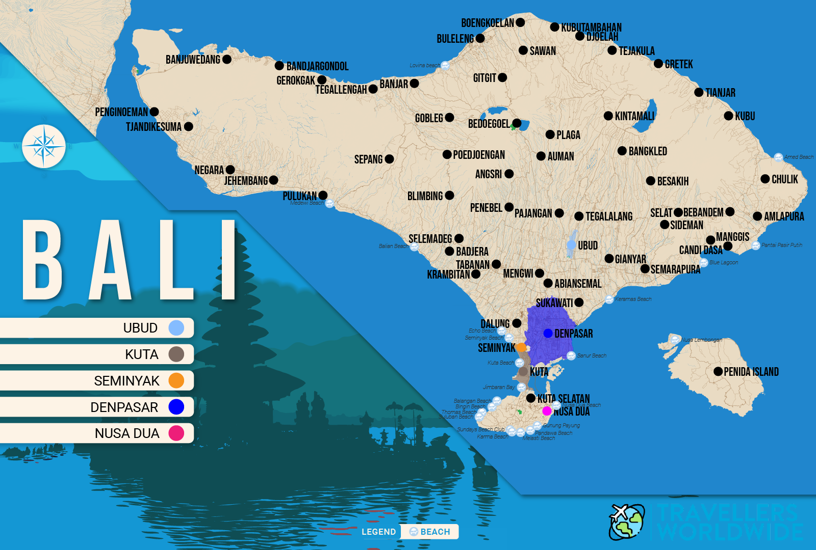 Where to Stay in Bali map featuring the 5 best areas displayed on a vector map